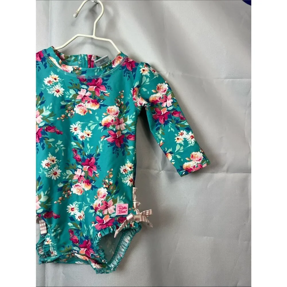 RuffleButts green and pink floral back zipper rash guard one piece swim 6-2 m